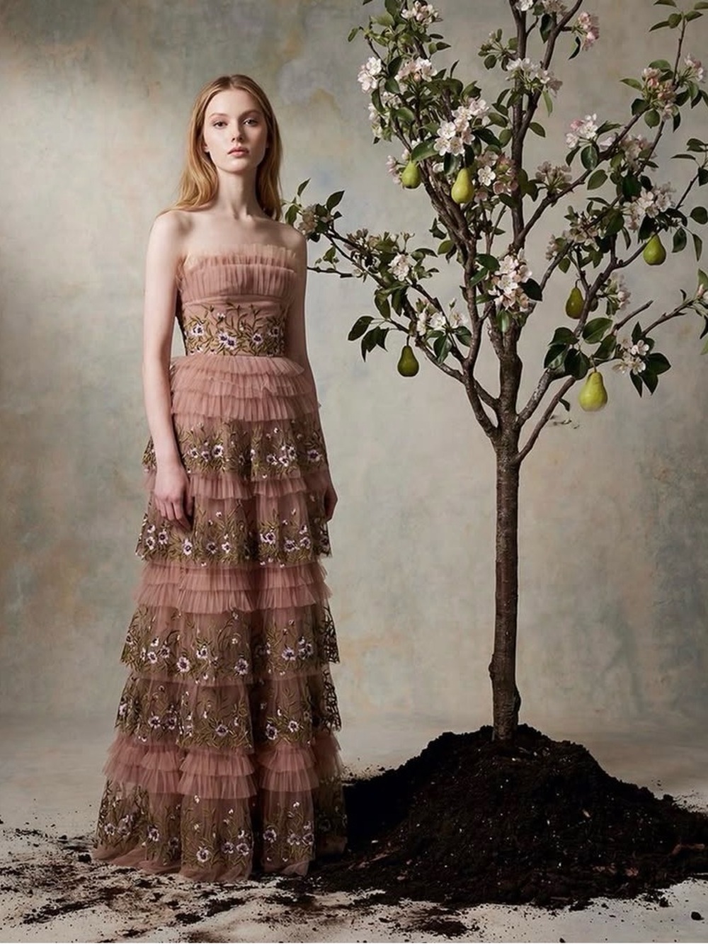 Tiered Nude Tulle Gown with Floral Embroidery - Picture 3 of 8